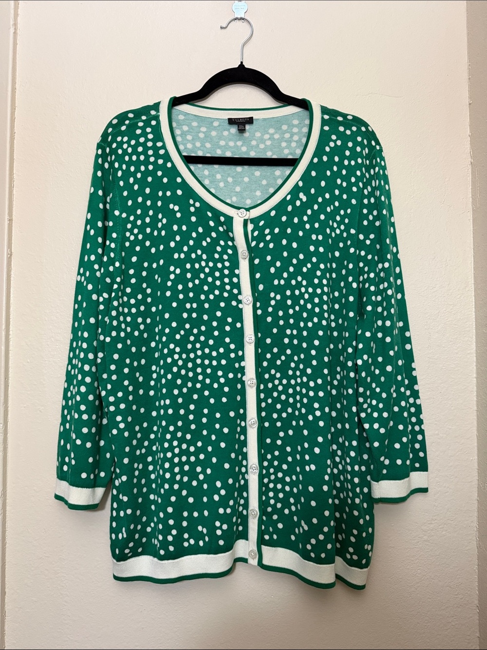 Talbots Green Polka Dot Charming Casual Cardigan with White Trim Size 2XP